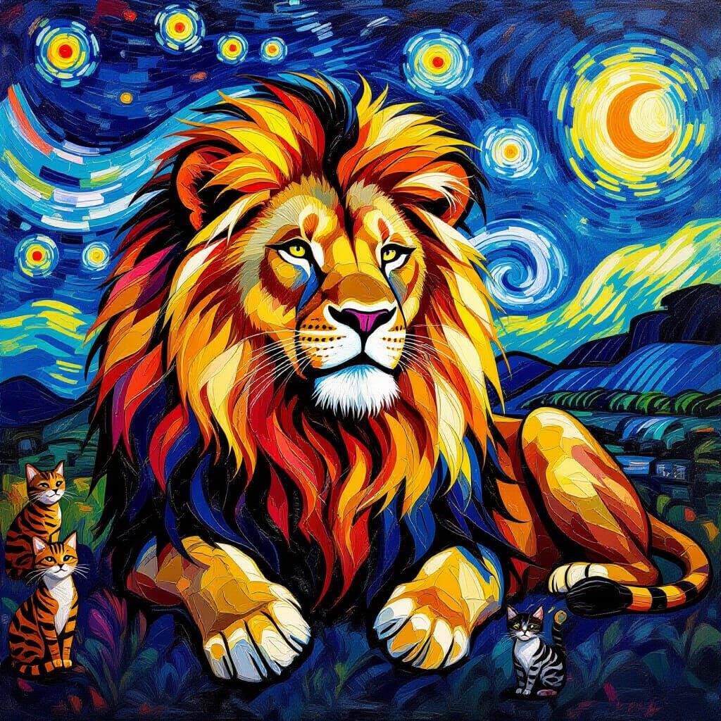 Majestic Feline Portrait in Van Gogh Impasto Style