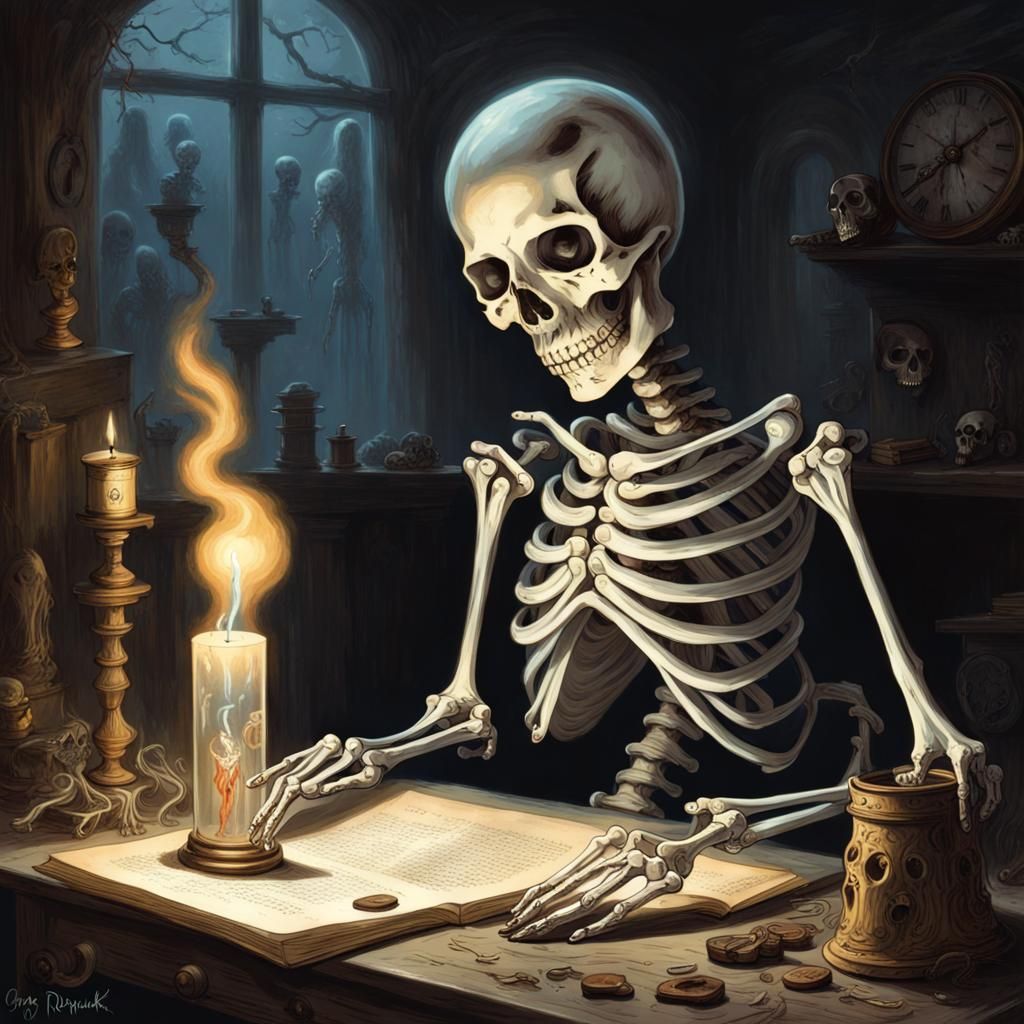 Pinup Skeleton Girl Casting Magic, Dark Fantasy Art