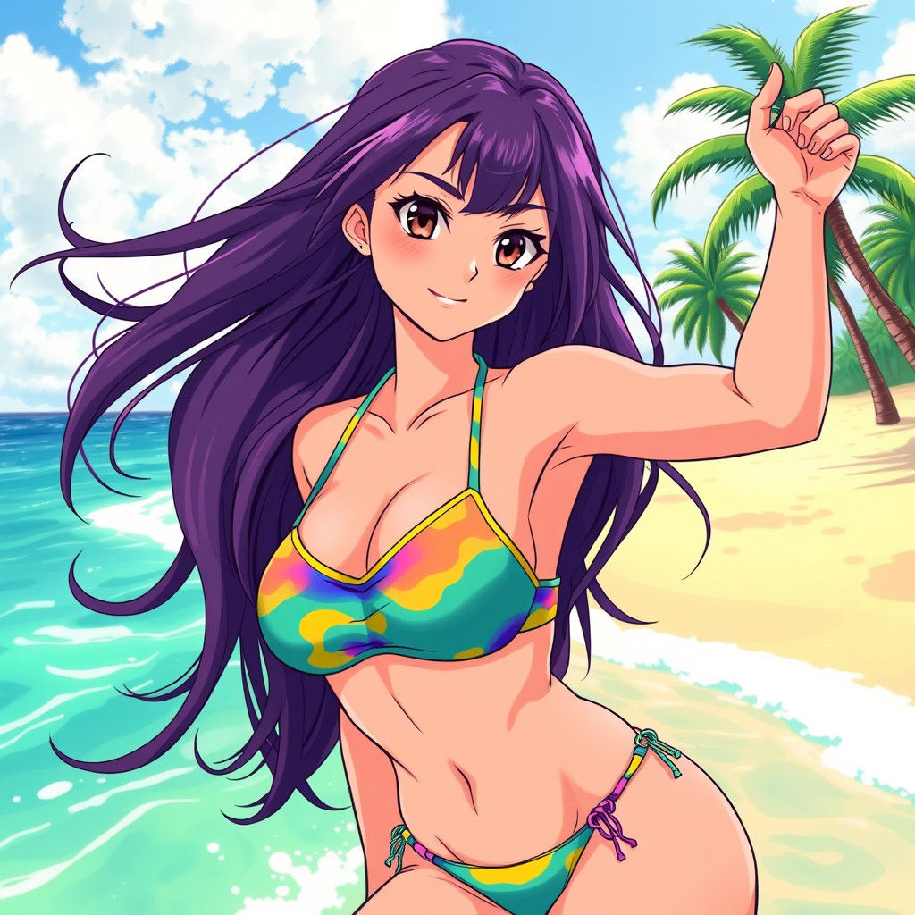 Anime Girl in Bikini on Tropical Beach