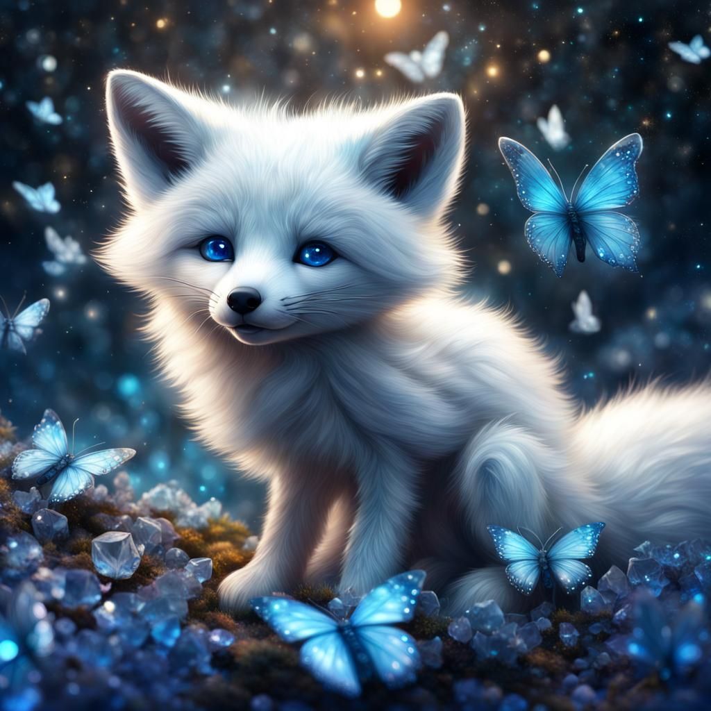Crystal Fox with Blue Butterflies in Starry Night