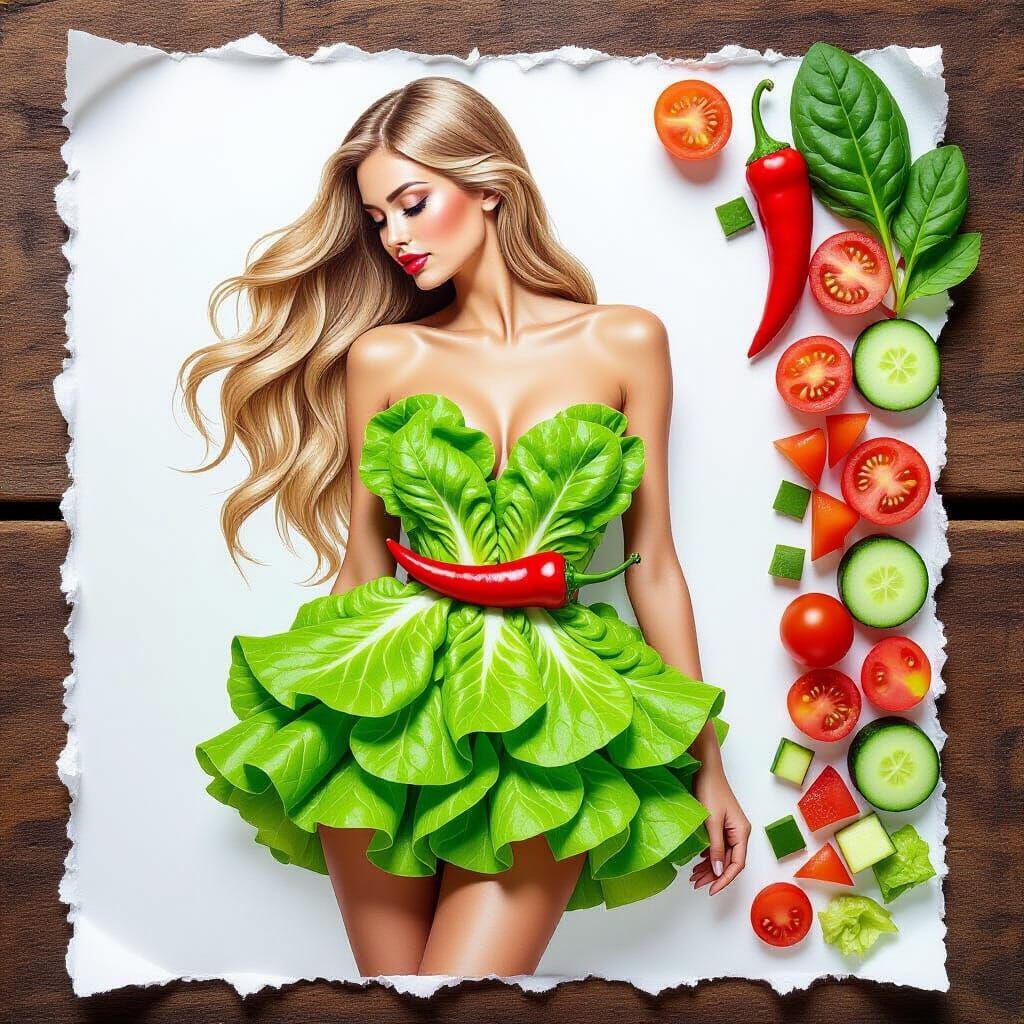 Mixed Media Portrait of Woman in Lettuce Dress