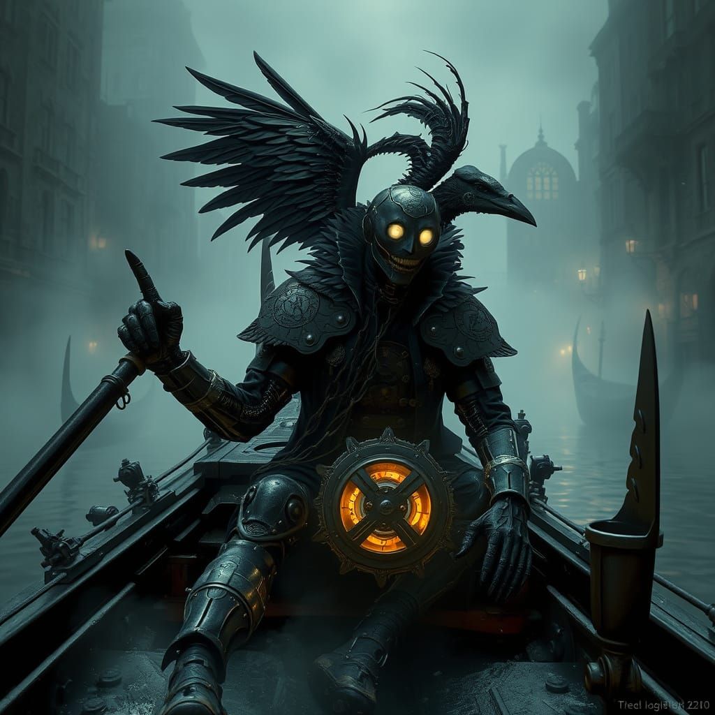 Gothic Cyborg Gondolier Sails Through Misty Canals in Dark F...