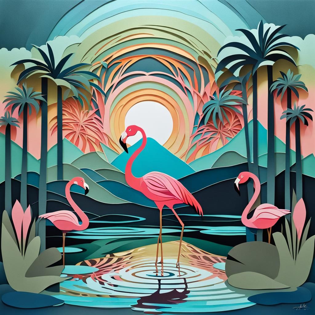 Pink Flamingo Silhouette in Art Nouveau Style