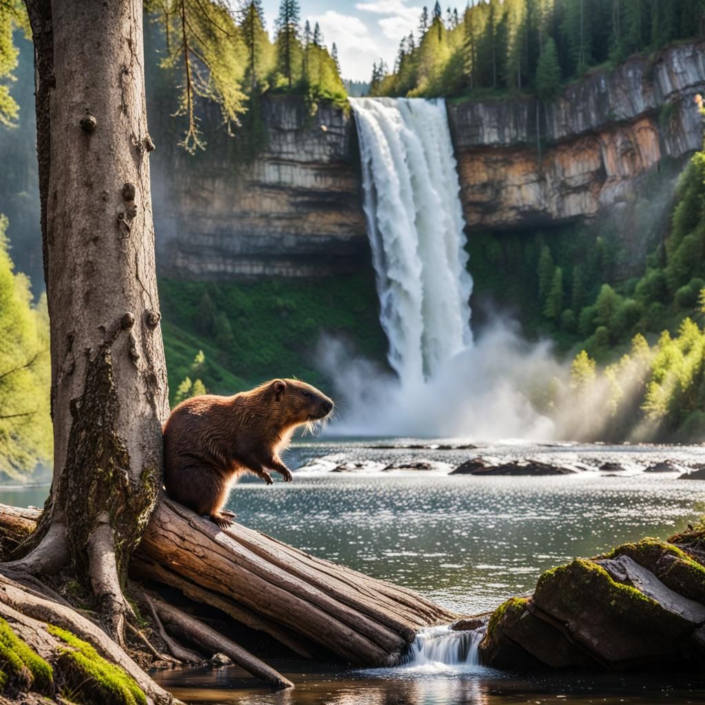 Beaver by Waterfall Chewing a Tree