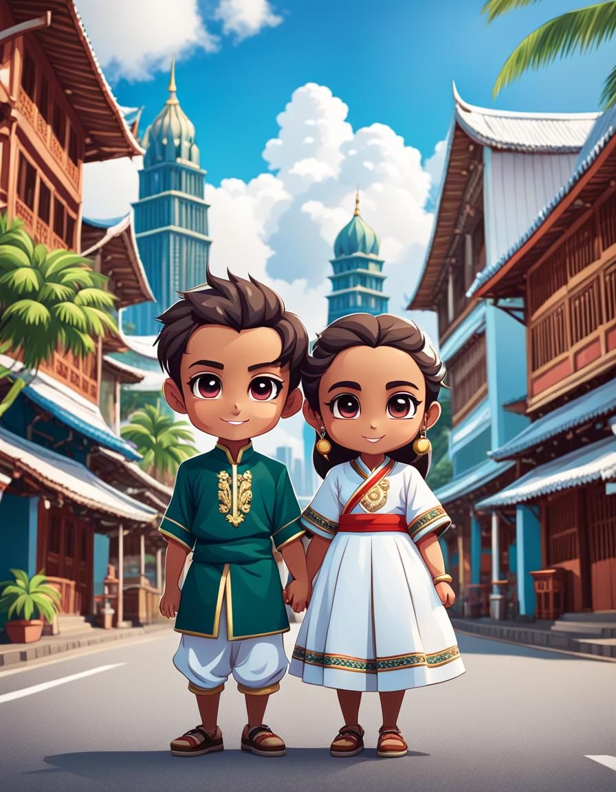 Chibi Characters in Seychelles Attire with City View
