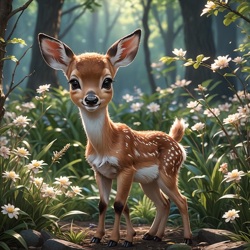 Adorable Smiling Fawn in 3D Anime Style