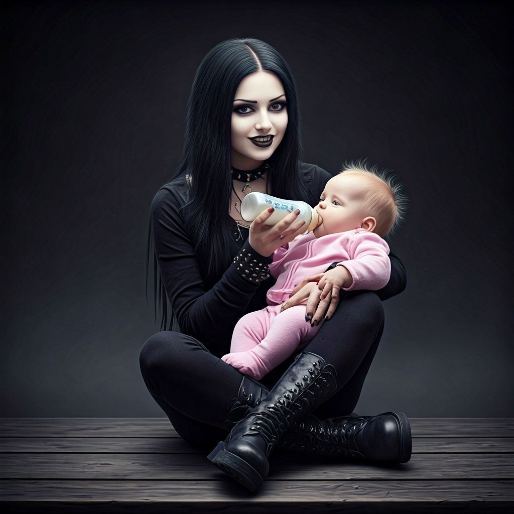 Goth Woman Tenderly Holds Baby, Hyperrealistic Photo