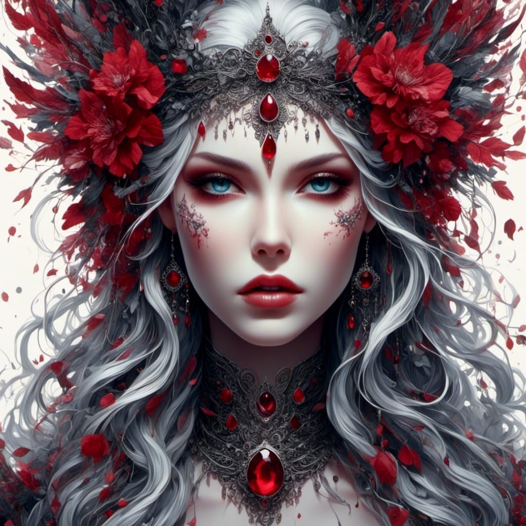 Ruby-Adorned Woman's Face in Ethereal Fantasy Art