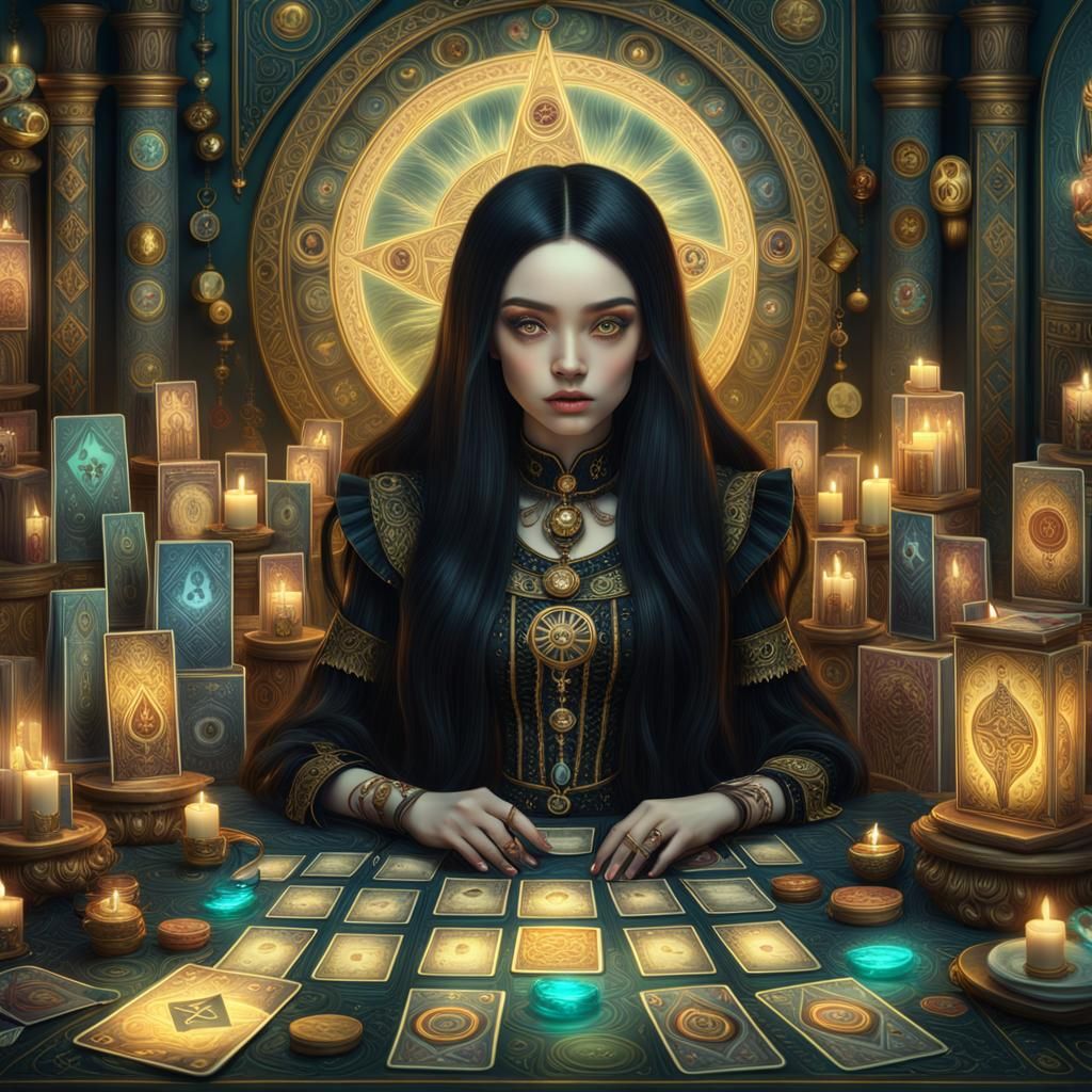Surreal Girl with Tarot Cards in Mystical Realism