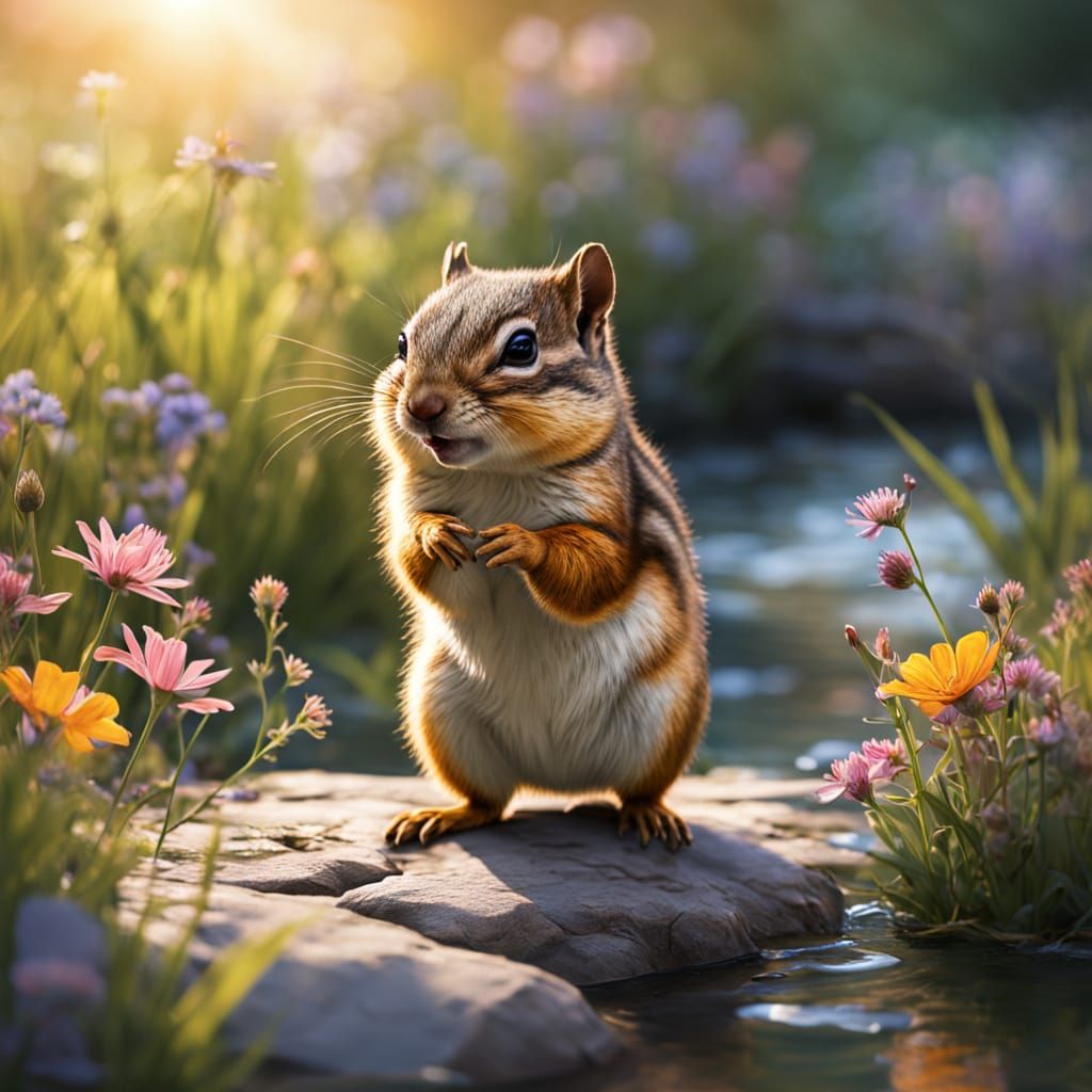 Vibrant Chipmunk in Sunlit River Garden: Elegance of Nature