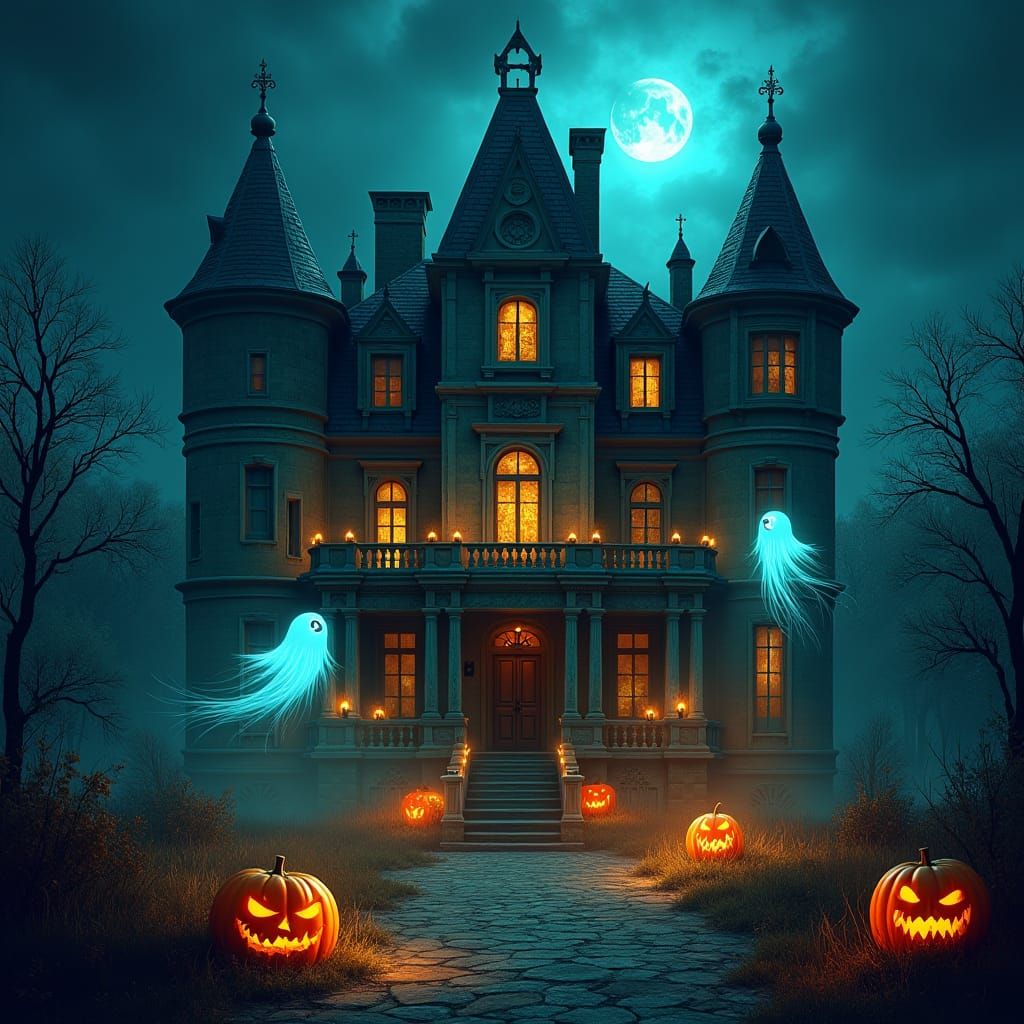 Haunted Mansion with Ghosts in Digital Art Style
