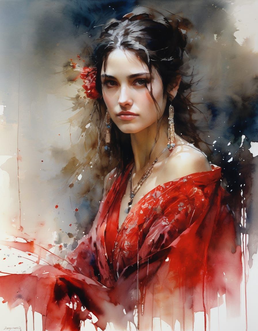 Watercolor Portrait of a Beautiful Greek Woman in Silk