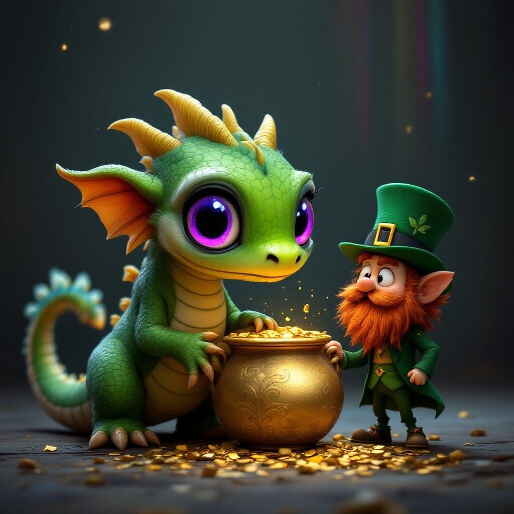 Whimsical Dragon Peers Over Golden Pot with Longing, Surroun...