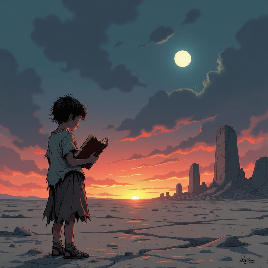 Child on Windswept Plain with Book in Twilight