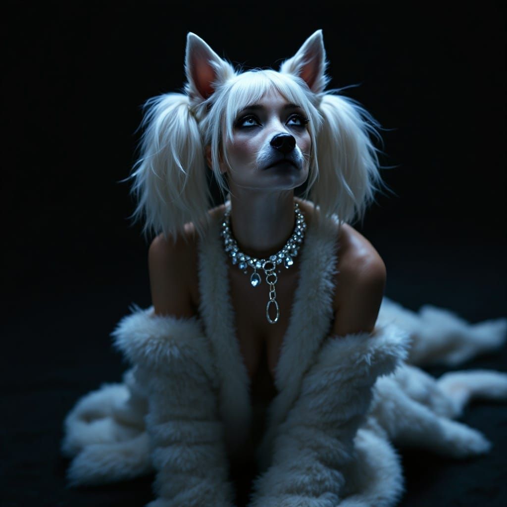 Ethereal Blonde Woman in White Fur Dress