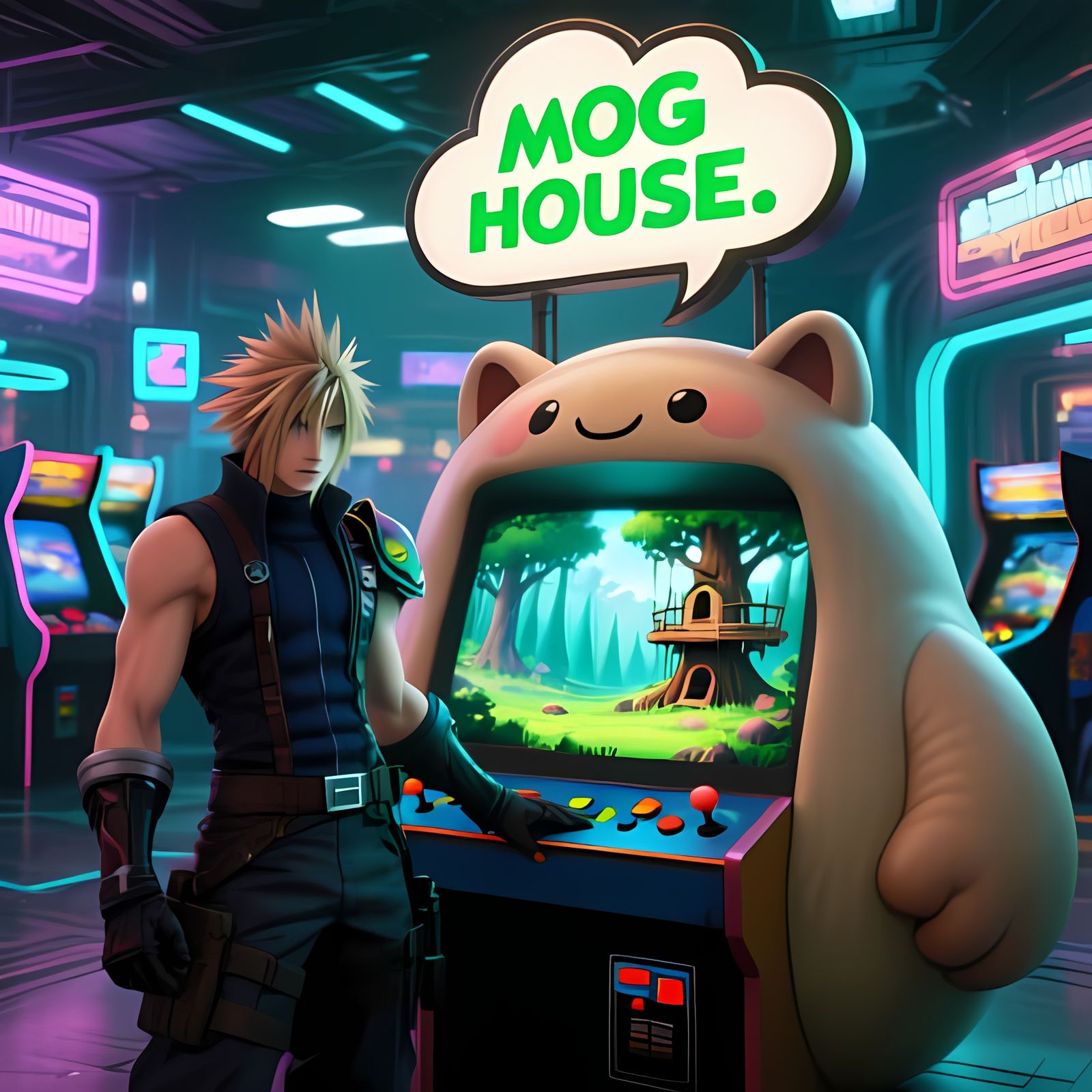 Cloud Strife and Moogle Arcade Machine in Futuristic Game Ha...