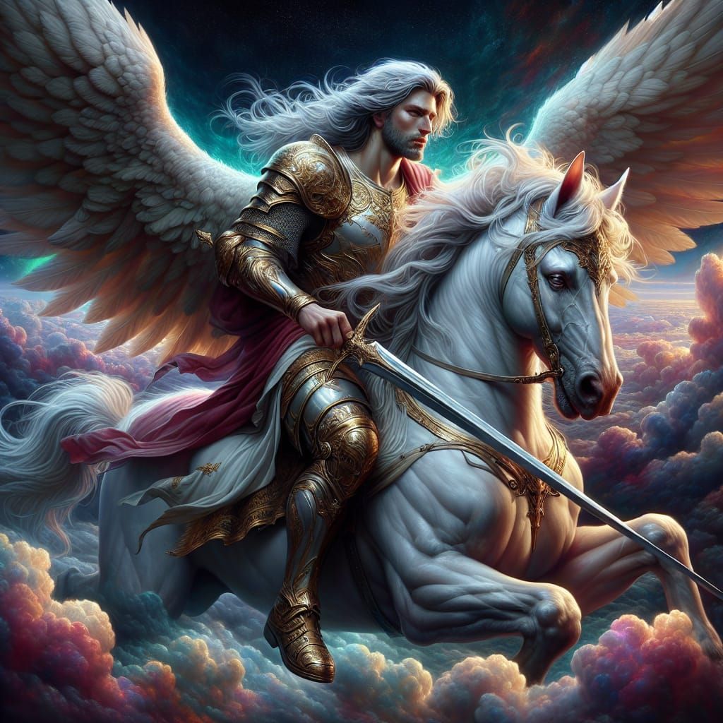 Archangel Michael on White Horse, Hyperrealistic Concept Art