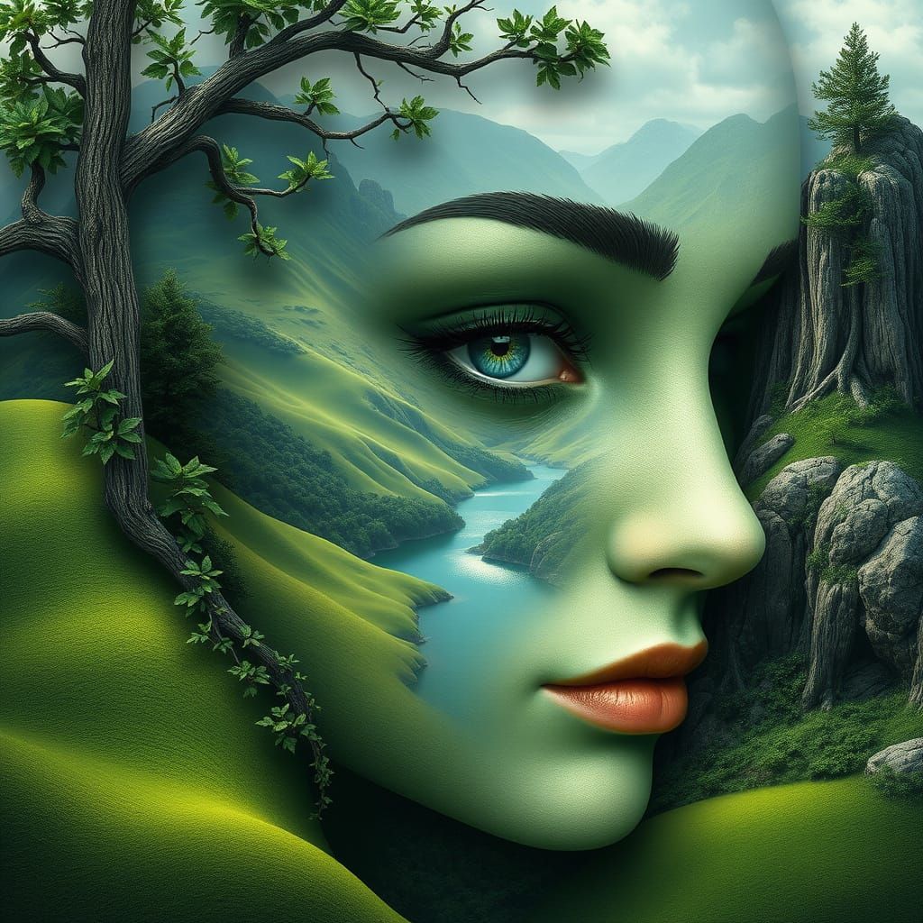 Majestic Nature Goddess with Emerald Hills and Sparkling Lak...