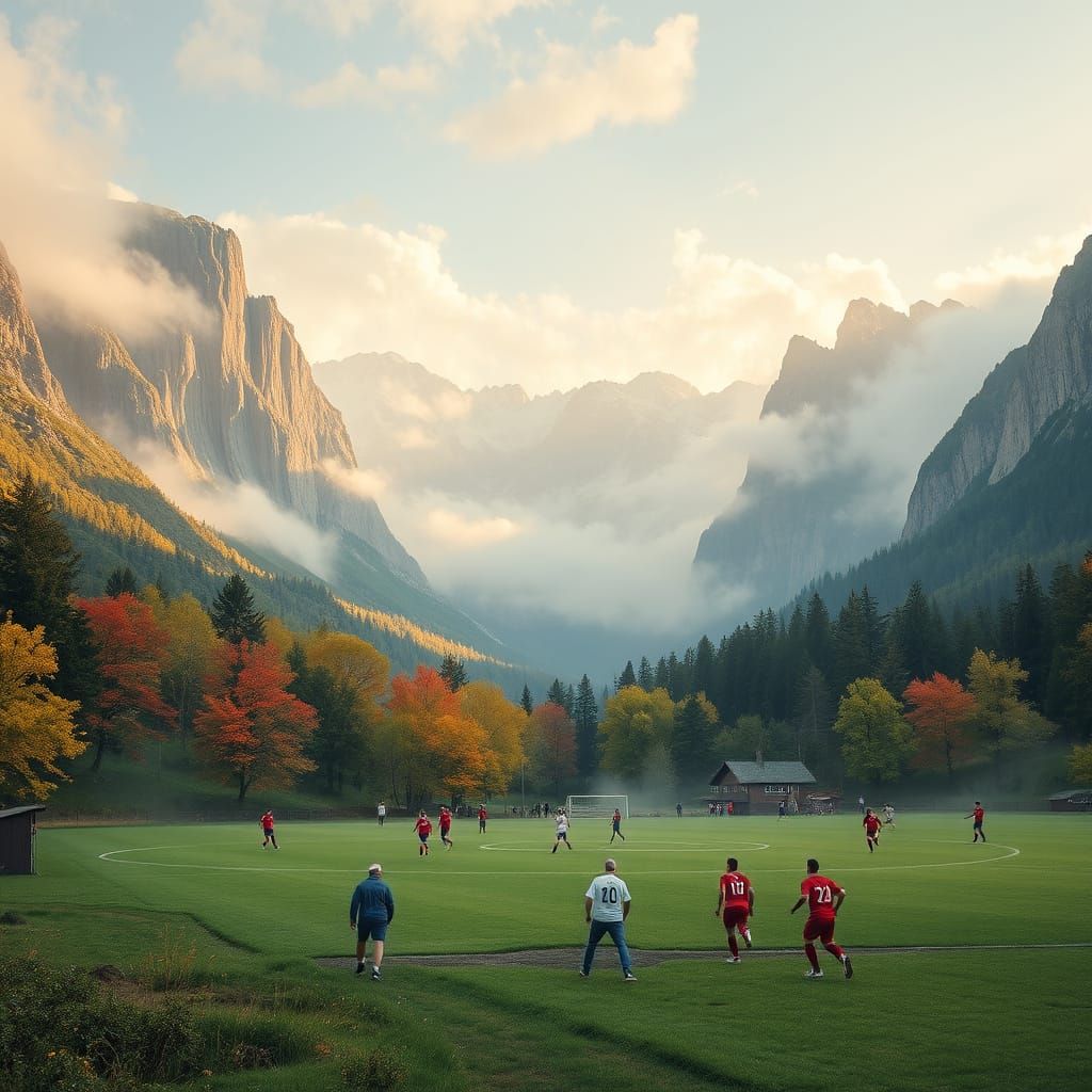 Soccer Field in Serene Valley Landscape with Majestic Mounta...