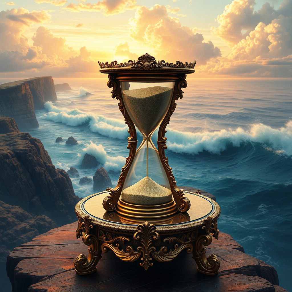 Surreal Hourglass Defying Gravity in Rococo Setting