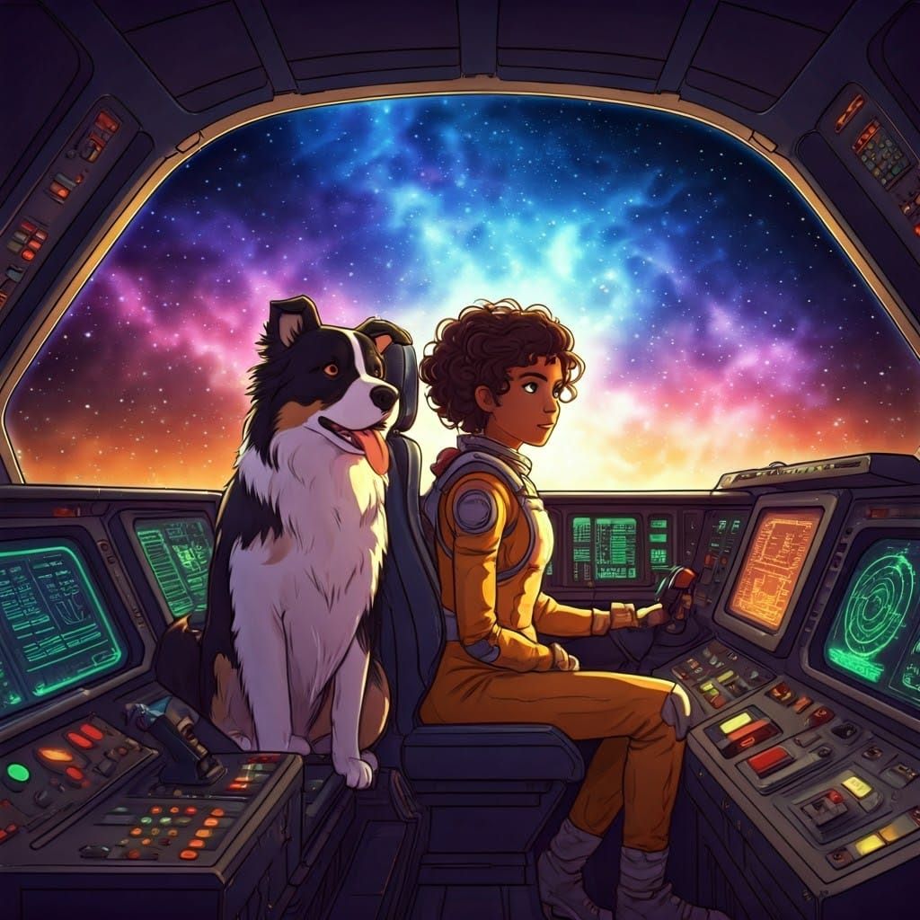 Girl and Border Collie in Spaceship Cockpit: Anime Style
