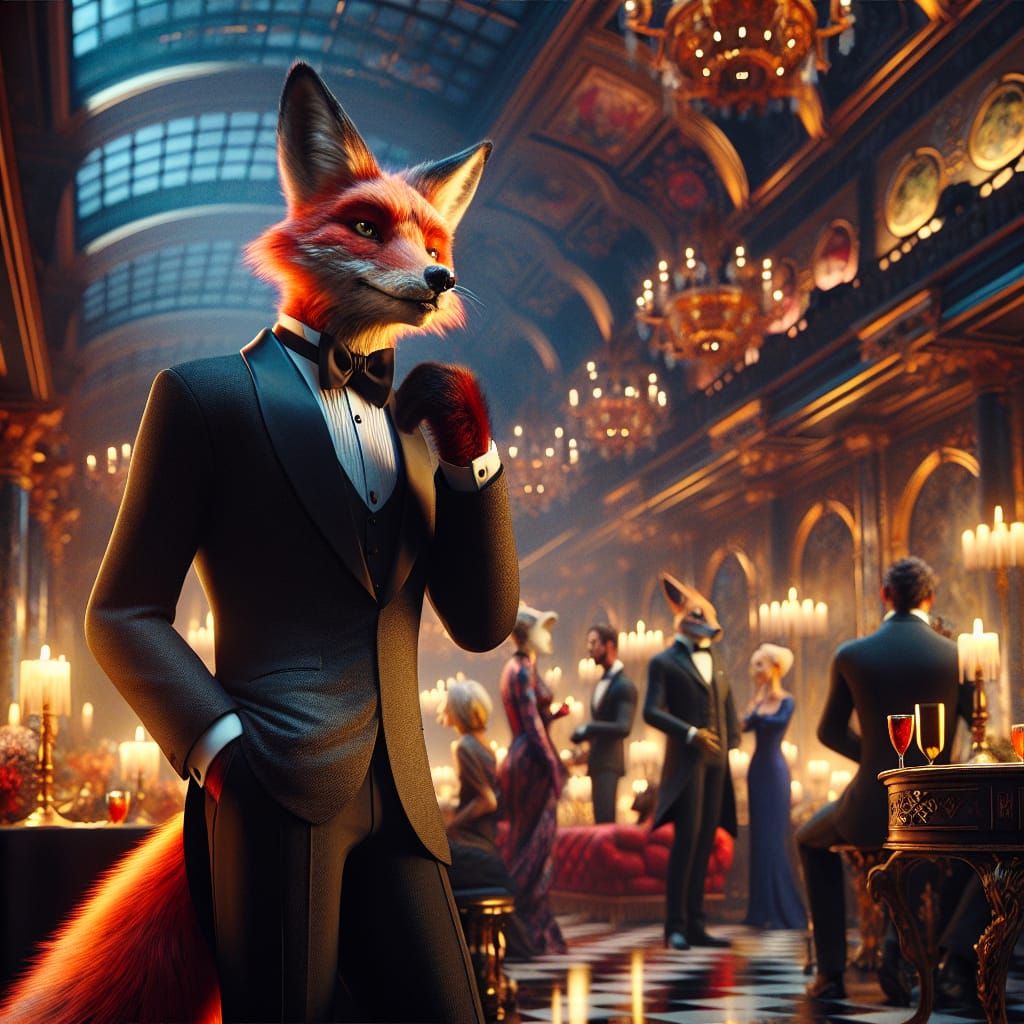 Sophisticated Fox in Tuxedo at Elegant Dinner Party