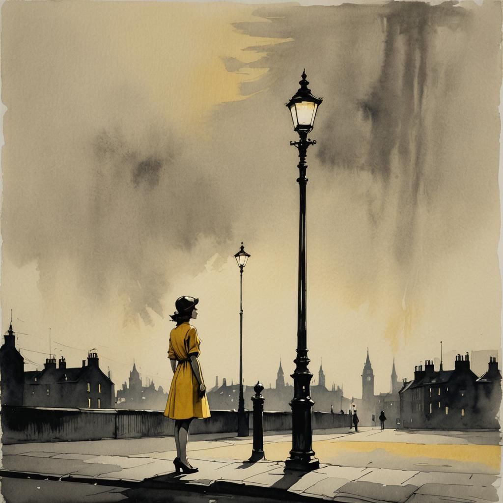 Girl Under Lamppost: Minimalist Ink Painting