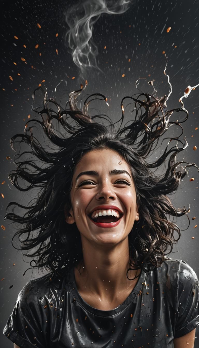 Joyful Woman Portrait in Dark Coffee, Hyper-Realistic