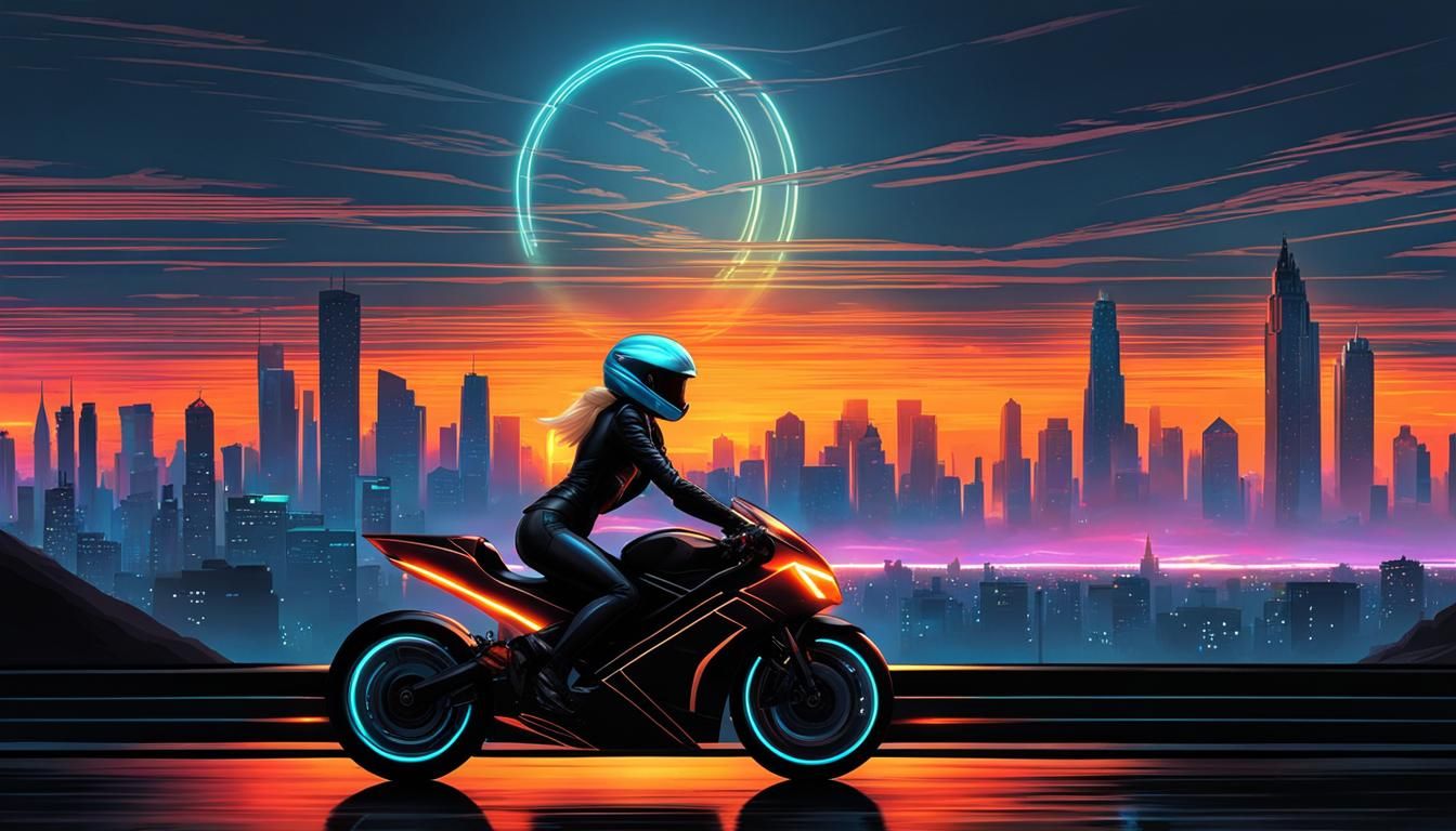 Blonde Rides Motorcycle into Vaporwave Sunset: Digital Art