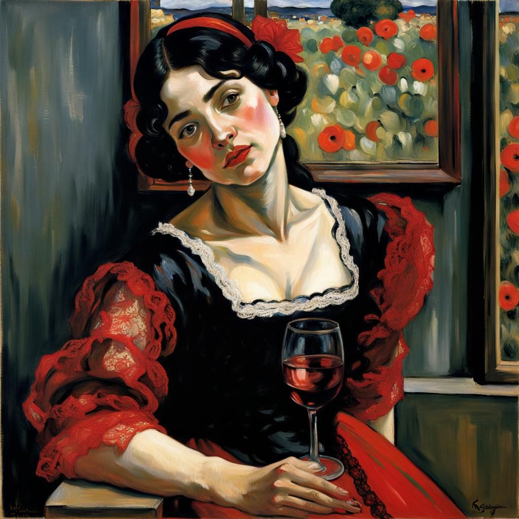 Woman Celebrates with Wine in Classic Art Style