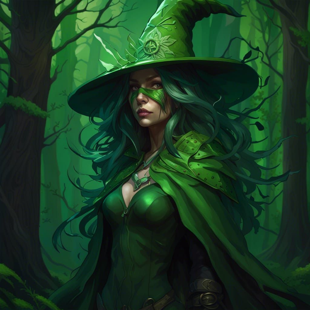 Green Forest Witch Portrait in Splash Art Style