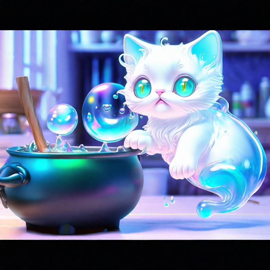 Ethereal Ghost Kitten with Cauldron: Hyperrealistic Art