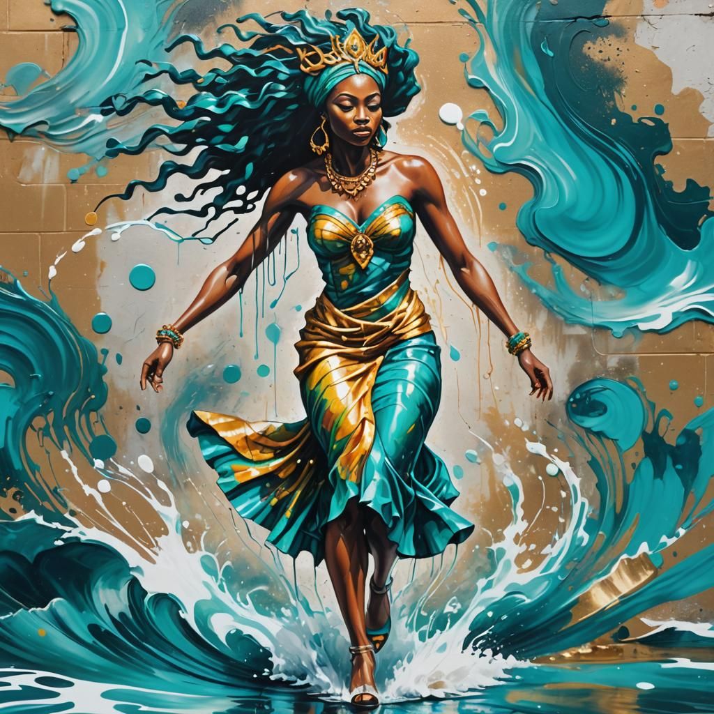African Water Goddess Street Art in Afrofuturism Style