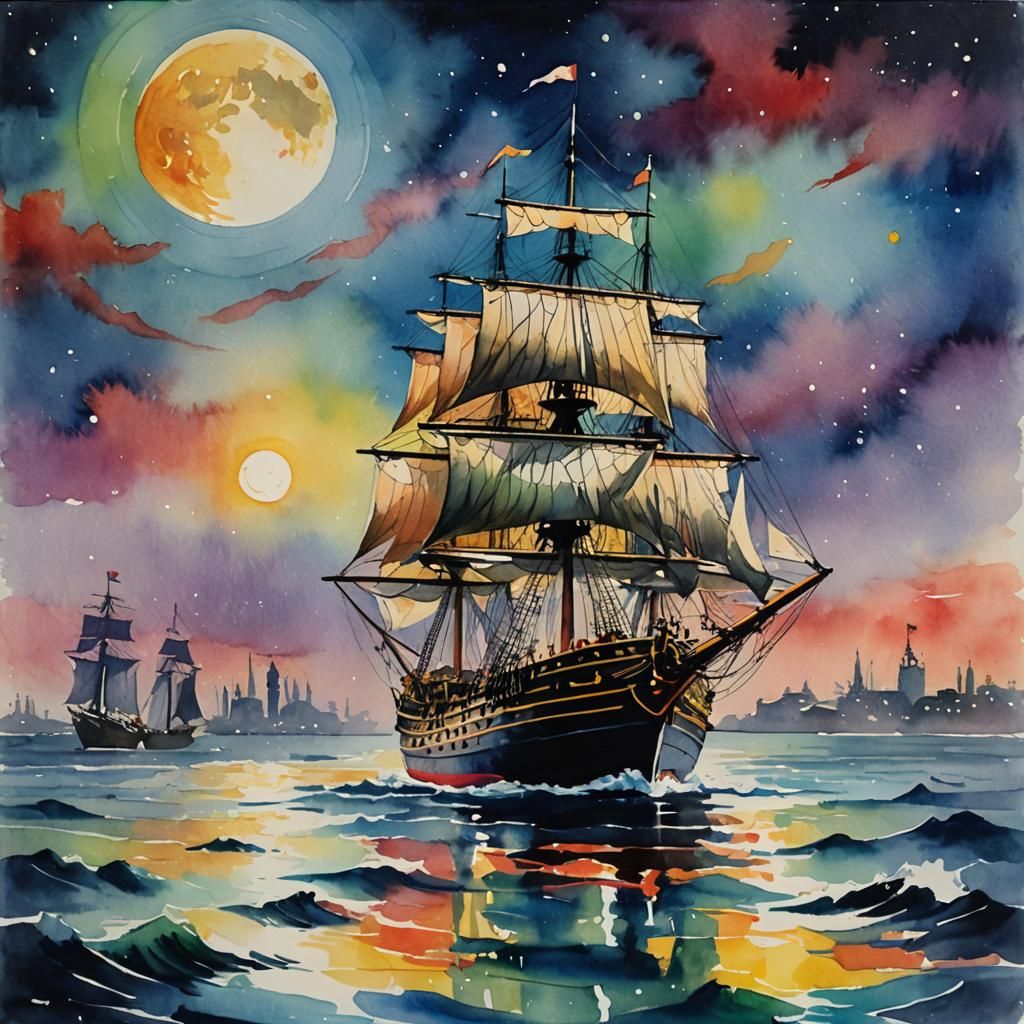 Old English Ship at Sea: Fauvist Gouache Painting