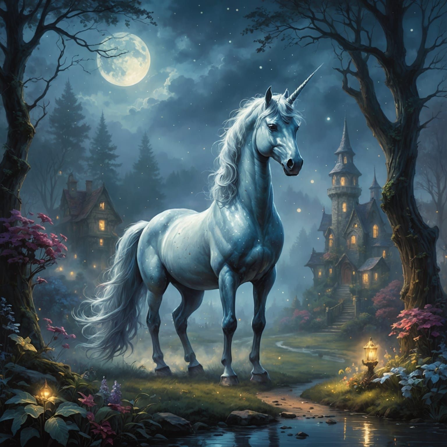 Ethereal Unicorn Sighting in Misty Night, Fantasy Art