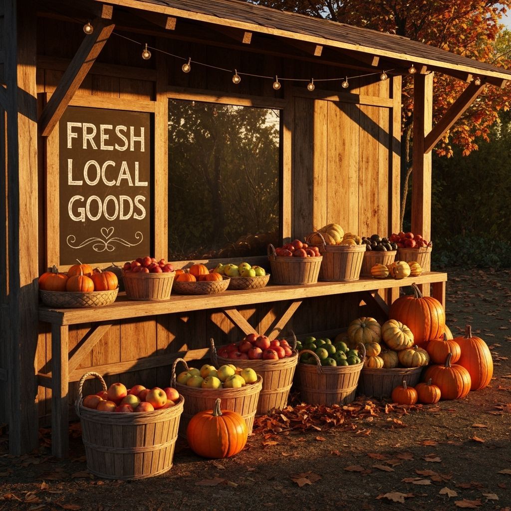 Rustic Farmstand with Autumn Produce in Golden Light