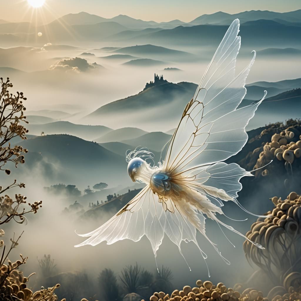 Surreal Flying Jelly Creature in Dreamy Landscape