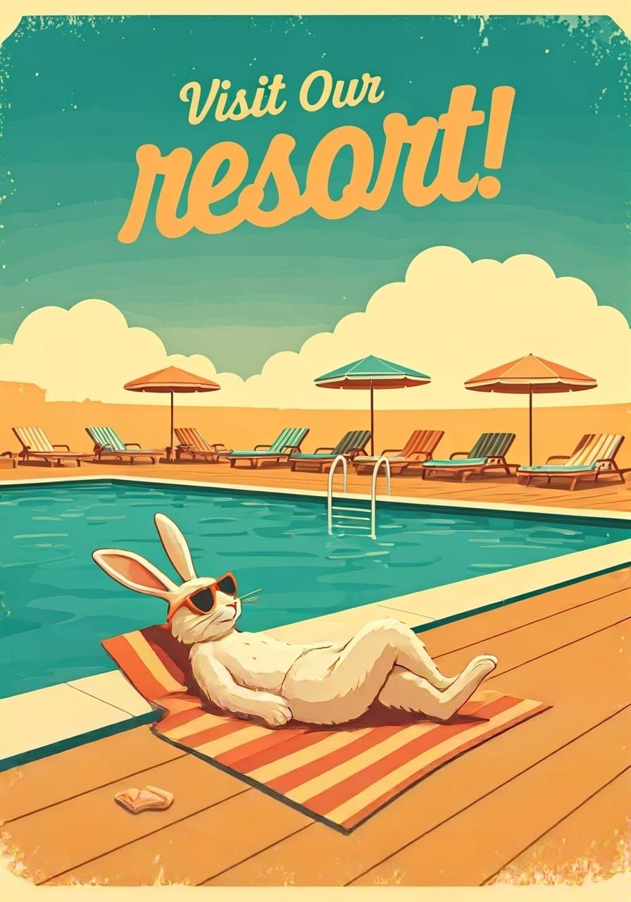 Vintage Seaside Resort Poster with Relaxed Rabbit