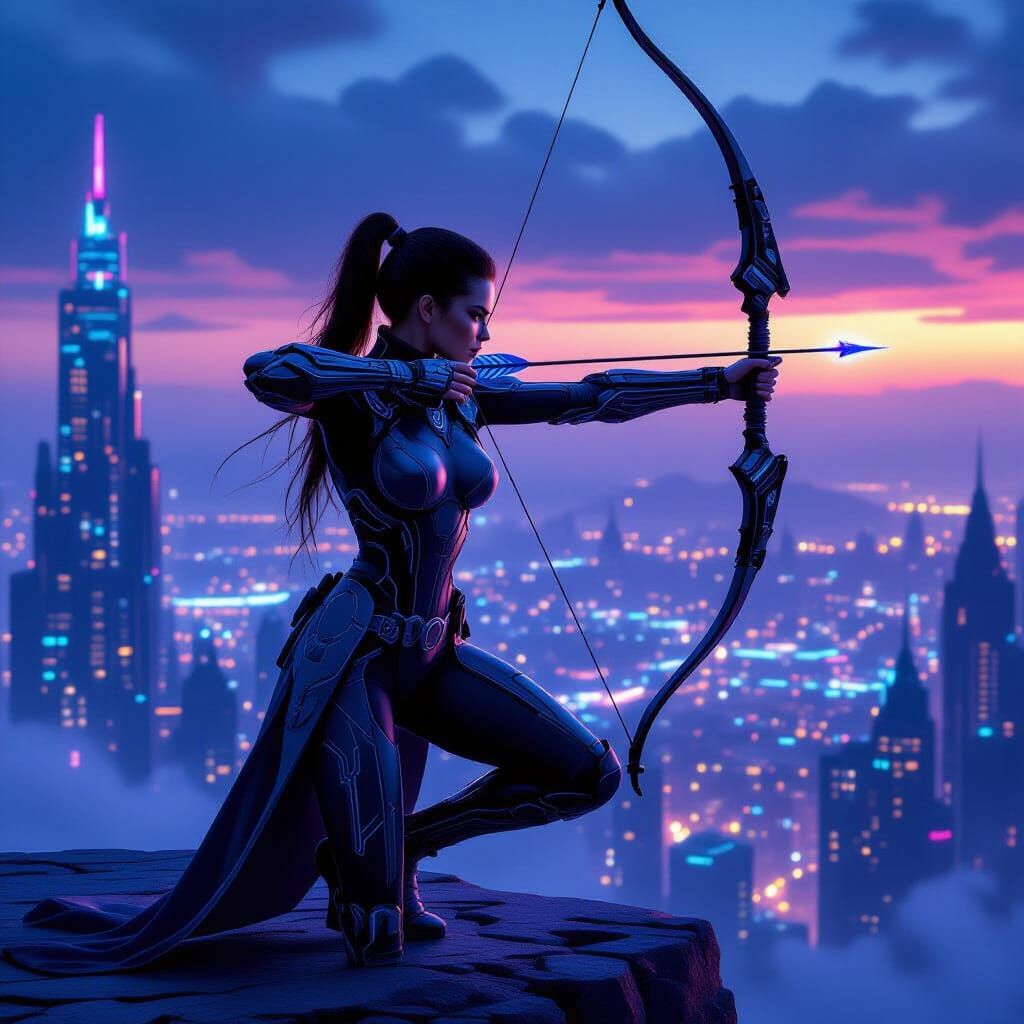 Cybernetic Archer Overlooks Neon Metropolis