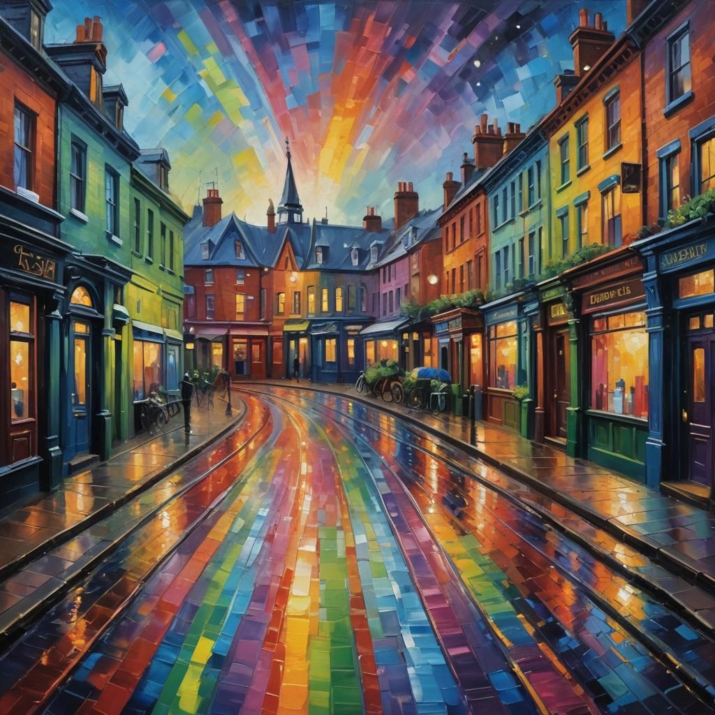 Rainbow Path: Victorian Street in Expressionist Impasto Styl...