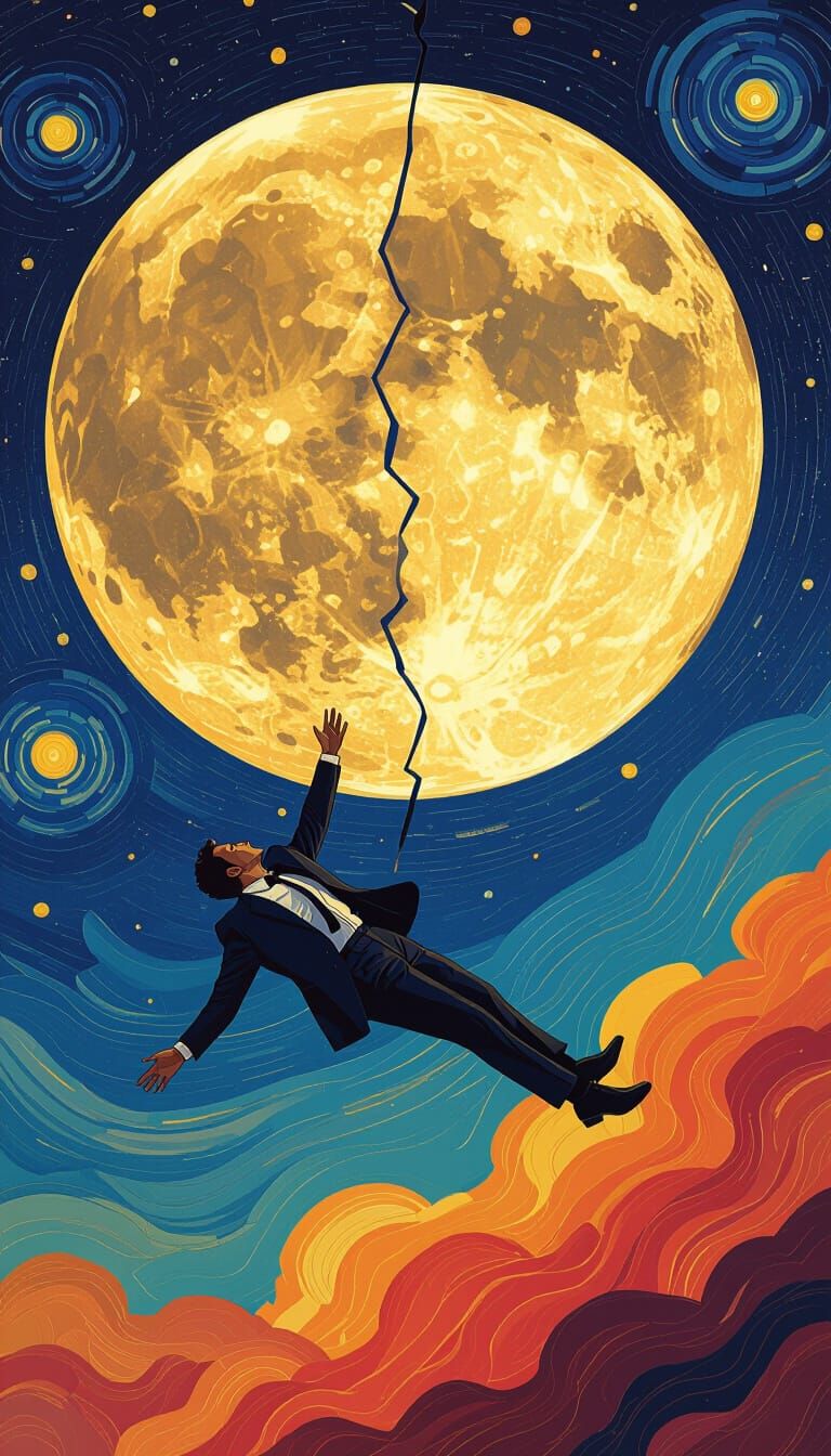 Man Falling to Heart Moon in Van Gogh Style