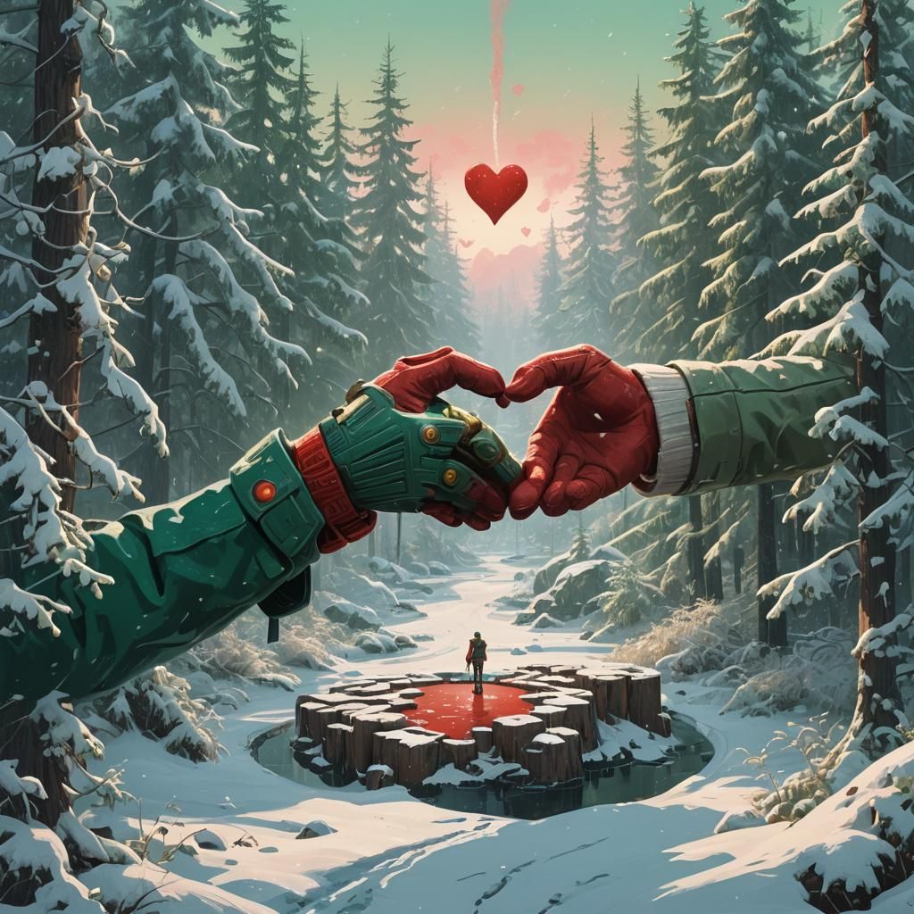 Heart Exchange in Winter Wonderland: Digital Painting