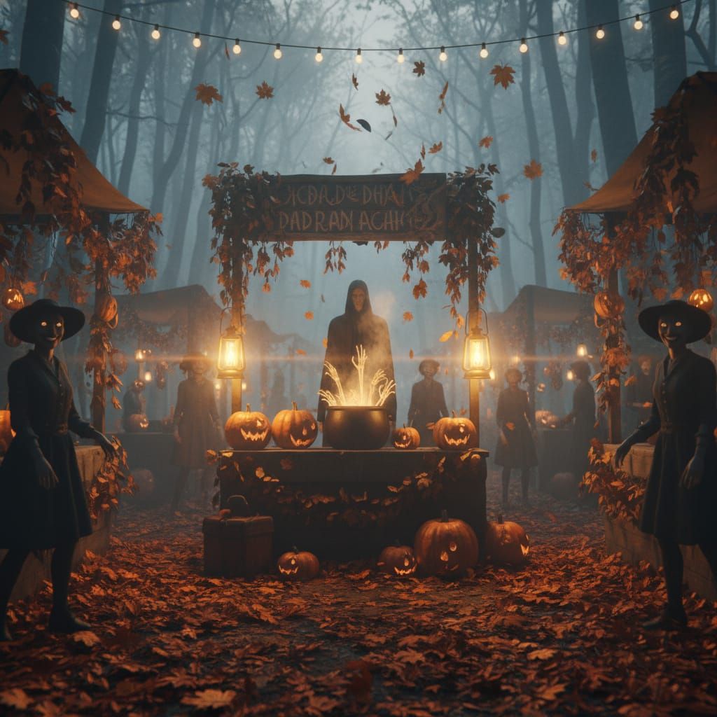 Haunted Autumn Market in Foggy Woods at Twilight
