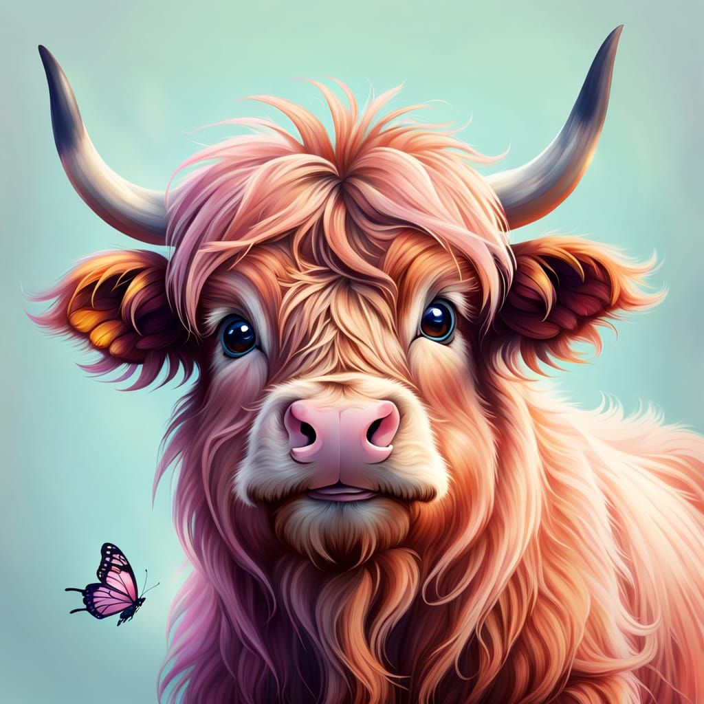 A cute, pink Highland cow with big eyes, long hair, and a bu...