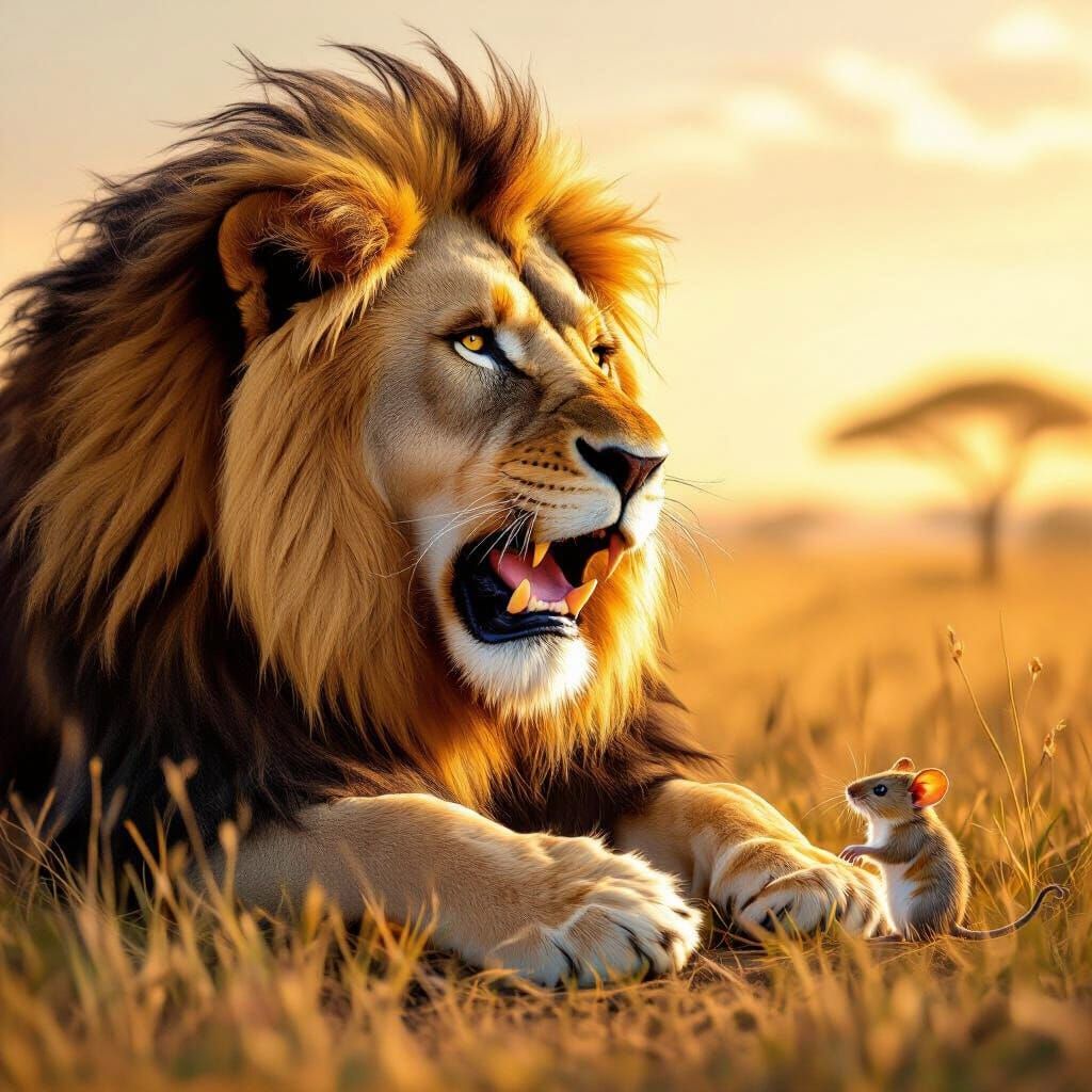 Lion's Awakening: Savannah Scene in Golden Light