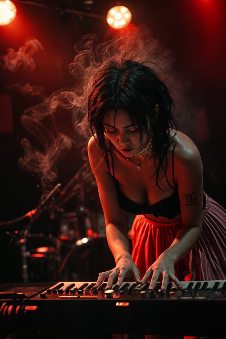 Punk Rock Keyboardist in Smoky Pub, Gritty Candid Photo