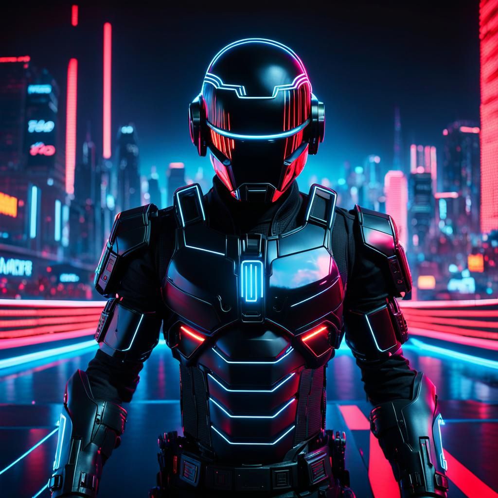 Ares from Tron,MaxTac from Cyberpunk 2077, sleek daft punk helmet and swat black armor with red glowing lights,the backg...