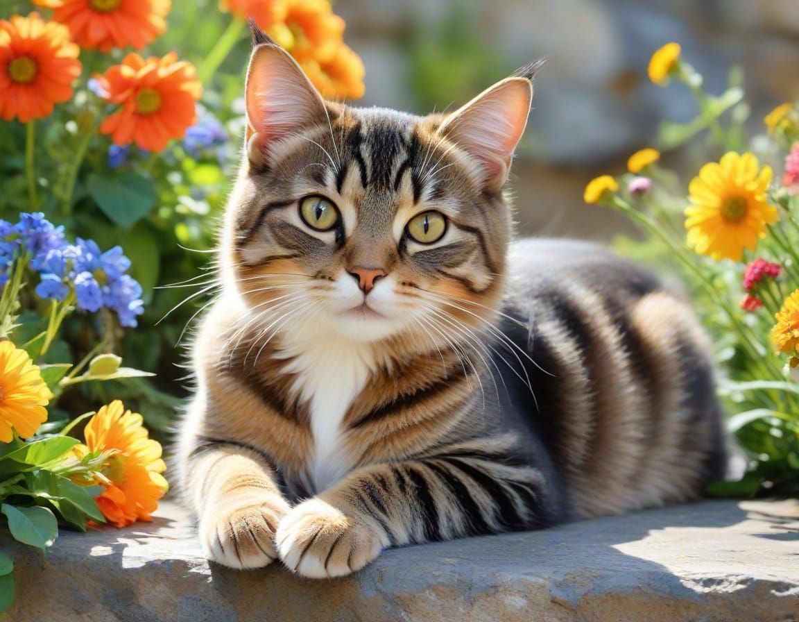Tabby Cat Among Flowers, in Razumovskaya Style