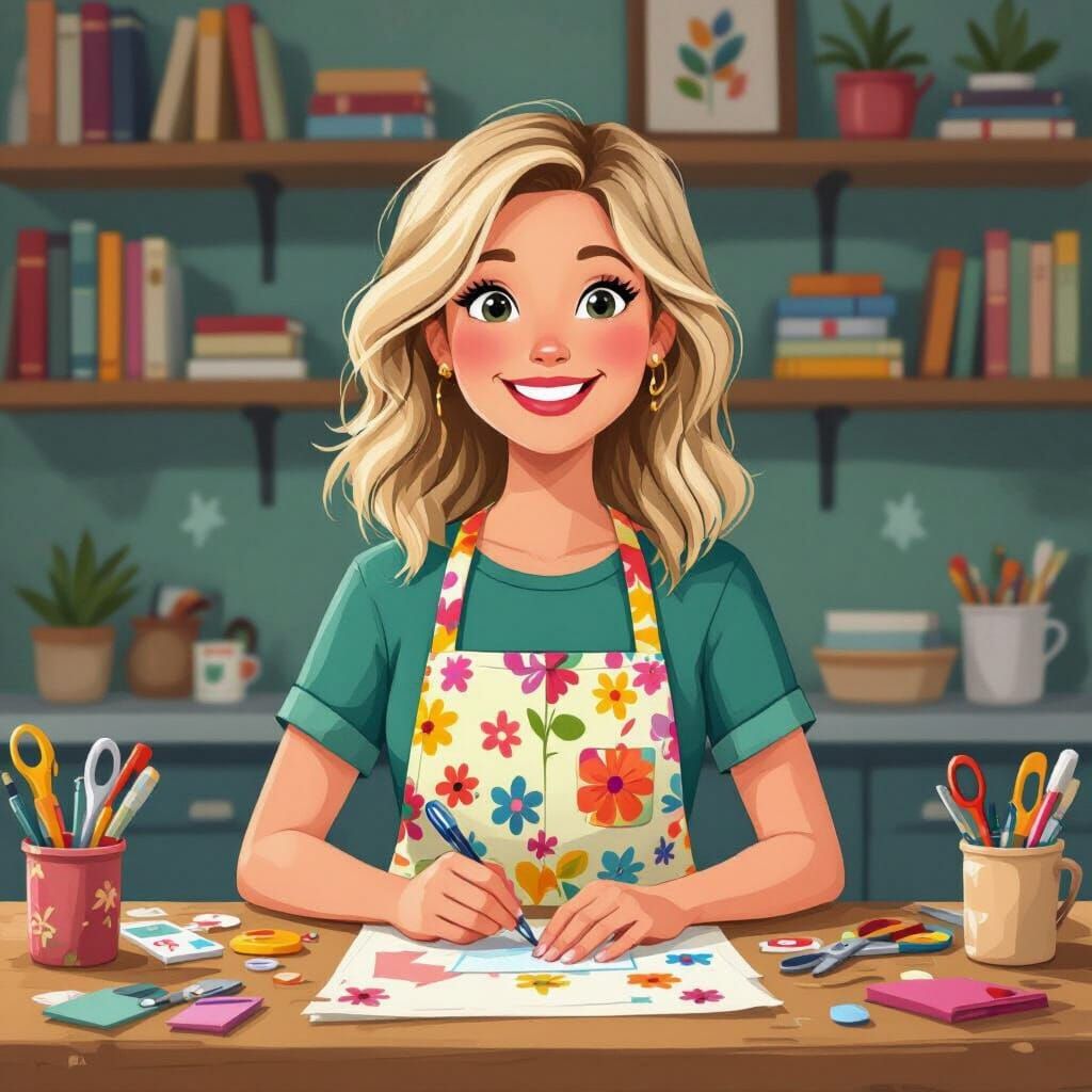 Cheerful Cartoon Woman Surrounded by Craft Supplies