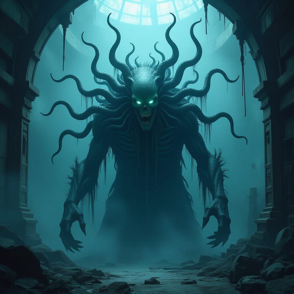 Grotesque Creature Emerges in Surreal Horror Scene